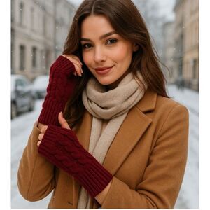 Women’s Cable Knit Fingerless Gloves Burgundy One Size